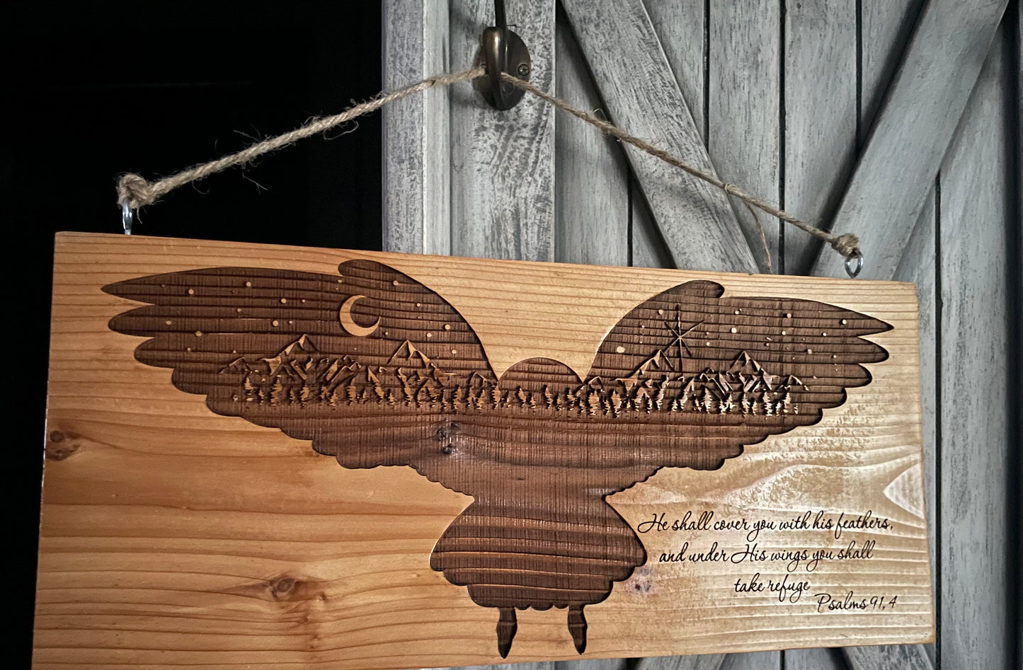 Owl Scene Psalms 91.4 on Cedar image 0