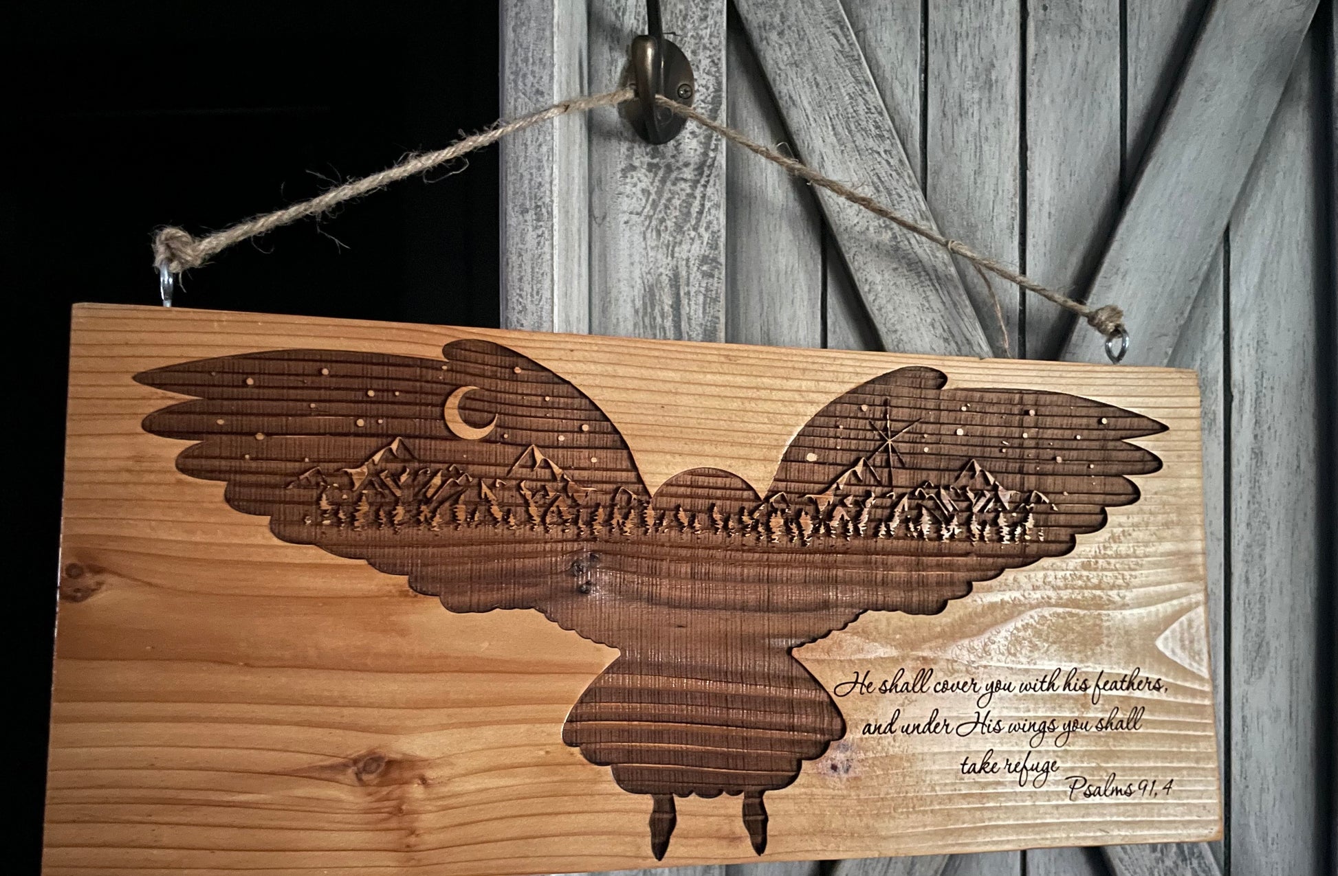 Owl Scene Psalms 91.4 on Cedar image 0