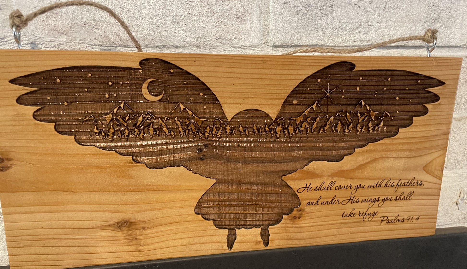 Owl Scene Psalms 91.4 on Cedar image 2