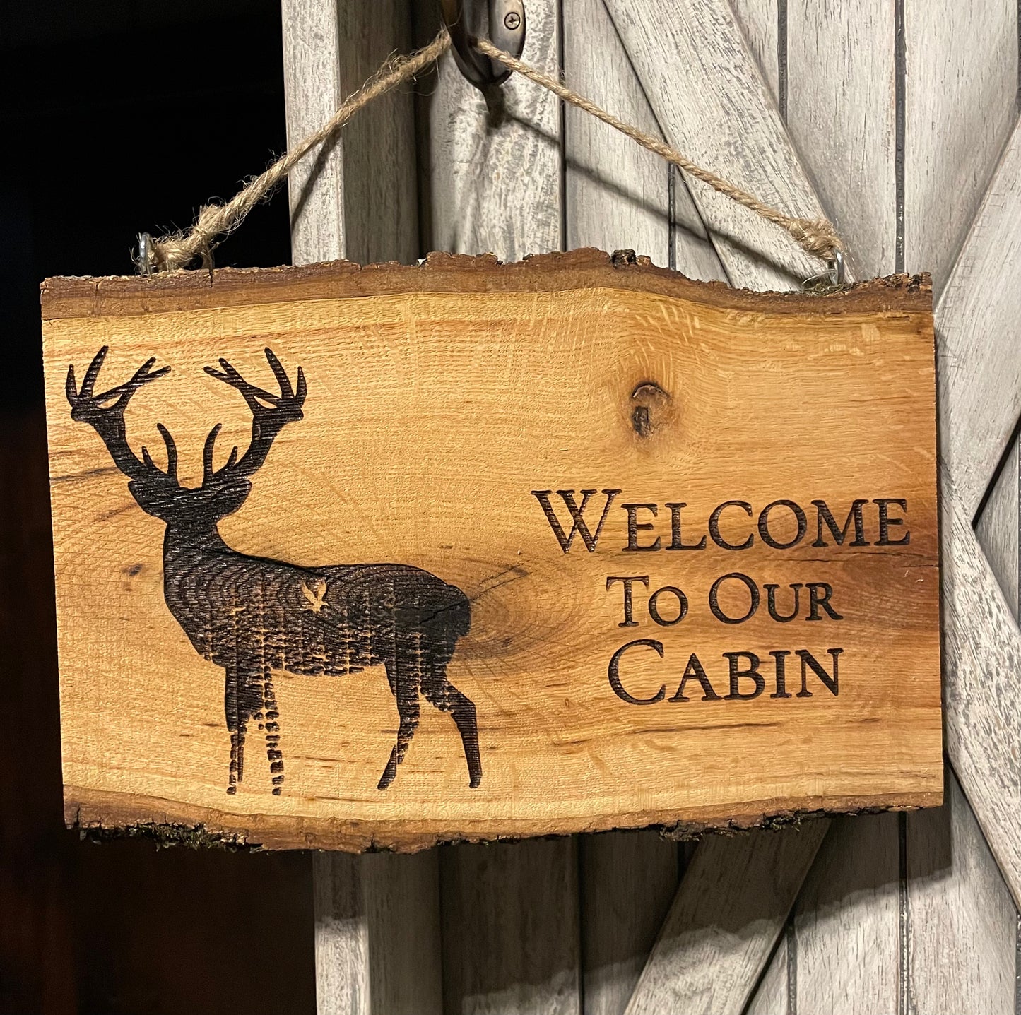 Deer Welcome Sign on Oak