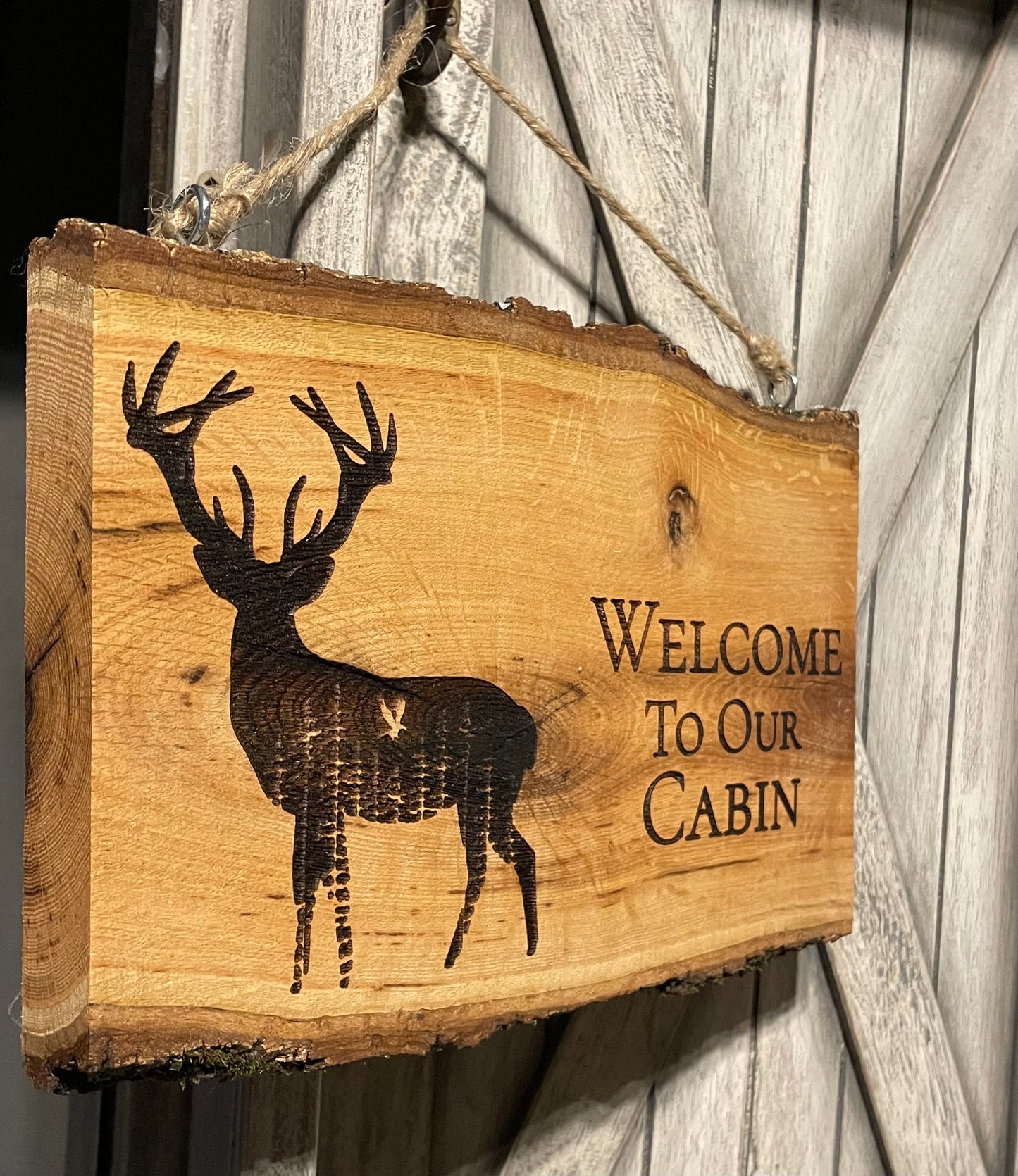 Deer Welcome Sign on Oak